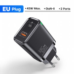 QOOVI GaN 45W USB-laadija Kiirlaadimine USB-t&uuml;&uuml;pi C seinalaadija PD QC3.0 kiirlaadimine iPhone'i Samsung S23 S21 Macbook s&uuml;learvuti tahvelarvuti jaoks US Plug must