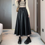 Naiste nahast seelik s&uuml;gistalvine elastne v&ouml;&ouml;koht soliidne PU A-line seelik XL must