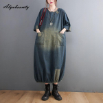 Suures suuruses kevadsuvi naiste teksariidest Midi-kleit, kaelus, plaaster Suur taskutega kleit Poole varrukaga vana avar kleit L