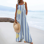 Naiste kombinesoonid vabaajaprinteriga laia jalaga kombinesoonid, rinnahoidjaga varrukateta rihmad, taskutega r&otilde;ivad L beež