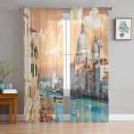Veneetsia hoone veelaev moodne tr&uuml;kitud t&uuml;llkardin magamistoa r&otilde;du akna kaunistamiseks loominguline moodne kodu l&auml;bipaistev kardin 135W x 114H(cm) beige