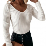 V-kaelusega pikkade varrukatega soonikuga alumine pluus S&uuml;gistalvine &uuml;hev&auml;rviline k&otilde;hn 3XL valge