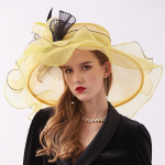 Organza St Patrick's M&uuml;ts Naiste Lai &Auml;&auml;r Kentucky Derby M&uuml;tsid Naistele V&otilde;rkhelmed Sulgedest Lilled Pulmad Pruut Fedora Adjustable kollane