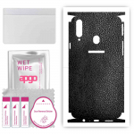 apgo Protective Skin Sticker for the back+sides compatible with Samsung Galaxy A20s, Full Wrap Film, Foil, Vinyl - Pattern Black Leather
