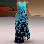 Naiste A-kujuline kleit Maxi pikkade varrukateta sinine liblikas s&uuml;gis/talvise V-kaelusega retro stiilis elegantne XS