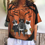 Suures suuruses naiste T-s&auml;rk Halloweeni kassidele Prinditud Naiste riided Suvised l&uuml;hikeste varrukatega topid vabaaja kaelaga s&auml;rgid Naiste pullover M