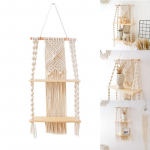 Boheemlas stiilis makramee kootud k&ouml;iega kootud tutiga seinaripp K&auml;sitsi valmistatud seinavaibast riiulikaunistus beež