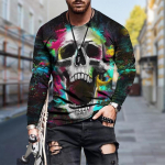 New 3D Suffocating Skull Print Mens Tshirts Long Sleeve Tees Round Neck Casual Pullover Mens Clothing Plus Size XS roheline