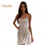 Naiste &otilde;htukleit, litrid, kohev karusnaha dekoor, varrukateta, &otilde;lgadest lahti, k&otilde;hn tupp, seljata balli&otilde;htukleit, minikleit pulma-pruutkleit XL valge