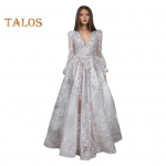 Naiste &otilde;htukleit s&uuml;gav V-kaelusega pits Lilletikandiga maksikleit A-kujuline suur kiik, pikkade laternatega varrukatega k&otilde;rge v&ouml;&ouml;kohaga plisseeritud ballileit ballileit