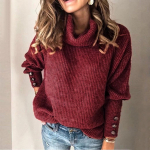 Women Turtleneck Pullover Button long Sleeve Loose Knitted Sweater Tops L must