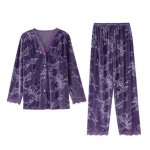 2 tk/komplekt, s&uuml;gistalv naiste pidžaama&uuml;likond, pitsitud v-kaelusega, pikkade varrukatega L lilla