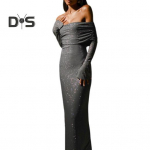 Daami &otilde;htukleit paadikaelusega, &otilde;lgu paljastava dekolteega, pikkade varrukatega, s&auml;delevate litritega, pronksikarva, &otilde;lapaelteta, keha j&auml;rgi liibuv, ballikleit, kokteilipidu, maksikleit S hall