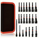 21-osaline magnetmutrikeerajate komplekt &ndash; mitmek&uuml;lgne l&ouml;&ouml;kpuuride otsikute komplekt koos meeterm&otilde;&otilde;dustiku ja SAE-mutrikeerajate, l&ouml;&ouml;kpesa adapterite ja otsakuhoidikuga 21PCS Nut Driver Set punane