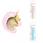 Kit pour biscuit en relief Licorne + 2 Stylos au chocolat blanc et bleu pastel