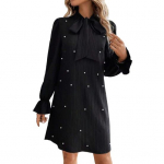 Naiste kleit paeltega, lipsuga, kunstp&auml;rliga A-l&otilde;ikeline, puhvis varrukatega, puhas v&auml;rv &uuml;lalpool L must