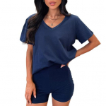 2 tk/komplekt naiste T-s&auml;rkide, l&uuml;hikeste varrukatega, V-kaelusega, &uuml;hev&auml;rvilised lahtised topid, k&otilde;rge v&ouml;&ouml;kohaga minip&uuml;ksid, sportlik riietus, vabaaja igap&auml;evane dressip&uuml;ksid M hall