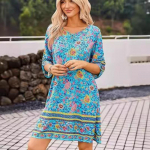 Naiste V-kaelusega lilleline maksikleit Boho-tr&uuml;kiga lahtine Bohemia tutid Ethnic Beach l&otilde;hestatud l&uuml;hike kleit S sinine