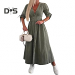 Naiste teksariidest pikk kleit V-kaelusega l&uuml;hikeste varrukatega n&ouml;&ouml;bitav maksikleit vabaaja teksakleit kevad-suveks S roheline