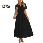 Naiste suvine maksikleit vabaaja V-kaelusega l&uuml;hikeste varrukatega mitmetasandiline lendlev kleit, v&ouml;&ouml;kohaga plisseeritud pikk kleit XXL must