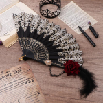Lolita lehvikust sulgedest roosist kokkupandav lehvik Euroopa stiilis retro kullatud pitsiga k&auml;sif&auml;nn Naiste teepidu pulmaf&auml;nnid Cosplay rekvisiidid
