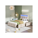 Voodi 90x200 cm - MUVOE - Polsterdatud - LED-valgustus - 2 sahtlit - Beež beež