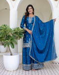 Pidulik Disainer Tikandiga Chinon Siidist Kurti Palazzo Dupatta Komplekt Naised Bollywoodi &Uuml;likond Kleit M