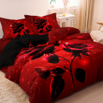 3 tk roosimustriga tekikottide komplekt Punane ja must lilleline disain T&otilde;mblukuga sulgemine Aastaringselt mugav pol&uuml;esterkangas Duvet Cover Set&EU Single(135x200cm)