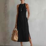 Naiste Moodne Vintage Mugav Pitsipaneelidega Puuvilla-Lina Segust Kleit L must