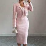 Naiste Kaheosaline Komplekt L&uuml;hike Bleiser Kehasse H&otilde;lmav Midi Kleit Tweed V&auml;limus Elegantne Kontori R&otilde;ivastus XL white