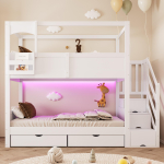 Kajutivoodi 90*200 cm, kajutistiilis raam, paindlikud hoiuruumid, loominguline tahvel, ronimisredel, sahtlid, kaheinimesevoodi poistele ja t&uuml;drukutele, Valge 253 x 95 x 180 cm valge