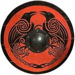Keskaegne viiking Eivor Valhalla Raven Shield autentne lahing. Punane