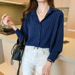 2022. aasta pikkade varrukatega topid Mood Triibulised s&auml;rgid Naiste pluusid Kevad-s&uuml;gis valge pluus Turn Down Collar Blusas Riided 23982 S sinine
