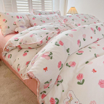 Lillemustriga harjatud kodu voodipesukomplekt Lihtne V&auml;rske Mugav Tekikott koos linakattega Padjap&uuml;&uuml;rid Voodipesu 1.5m 4pcs/sets