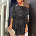 Naiste mood avara pikkade varrukatega sirge litritega s&auml;rav kleit peokleit litritega helmestega S tumehall v&auml;rv