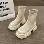 Talvine naine, seemisnahast poolsaapad, mood k&uuml;lgmised t&otilde;mblukud, naistele, elegantsed platvormid, paksu p&otilde;hjaga l&uuml;hikesed saapad, kingad, mustad naiste paadid 35 beež