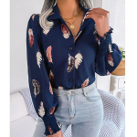 Sulgedega tr&uuml;kitud moodne naiste pluus 2023 Elegantne vintage pikkade varrukatega lahtised vabaaja s&auml;rgid Naiste kontoritopsid Blusas Mujer 26566 S sinine