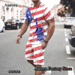 Meeste suvemoodne dressi&uuml;likond, 2-osaline T-s&auml;rk, l&uuml;hikesed p&uuml;ksid vabaaja riiete komplekt, meeste 3D Ameerika lipuga tr&uuml;kitud riided, &uuml;lisuur &uuml;likond XXL