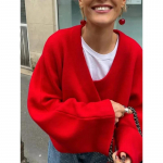 Elegantne punane naiste V-kaelusega avar sviiter vabaaja pikkade varrukatega, kootud, soe pullover, s&uuml;gisene naiste moe kudumid Topid S punane