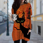 Naiste Black Cat Print Crew kaelaga kleit kevads&uuml;gisene suures suuruses taskukleit 5XL