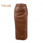 Imitation Leather Midi Skirt Women Versatile Solid Color Hip-Hugging Skirt with Slit Pleated Design Daily Wear S kaamel