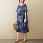 Suvine &Otilde;huke Puuvillane Linane Kunstiline Retro Vaba L&uuml;hikeste Varrukatega Rasvunud Mm P&otilde;lvedeni Kleit Naistele one size roheline