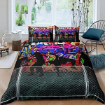 Graffiti laste voodipesukomplekt, Hip-hopi t&auml;navakunsti teosega tekikate poistele ja t&uuml;drukutele, Akvarellmaaliga moodne tekikate dekoratsioon EU Single(135x200cm)