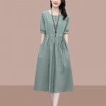 Suvine &Uuml;hev&auml;rviline O-kaelusega Tasku N&ouml;&ouml;riga Midi Kleit Naiste Mood Korea Elegantne Puuvillane Lina Vabaaja Lahtised Mugavad Kleit S khaki