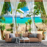 Troopiline meri Taustseinamaal Ranna Villa Terrassi Vaade Tapeet Sinine Ookean Saar Purjekas Palmid Seinamaal 200 cm(W) x 140 cm(H)