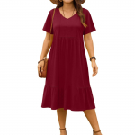 Women's vintage pleated V-neck dress in solid color XXXXXL