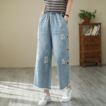 Naiste teksad Denim Crop Harem P&uuml;ksid Tikitud laia s&auml;&auml;rega teksad M