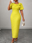 AOMEI Naiste Elegantne Jacquard Bodycon Maksipikk Kleit Vibu Detail Kohev Varrukas Pulmak&uuml;laline Kirik Formaalne S&uuml;ndmus S kollane