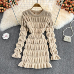 Vintage naiste kleit Korea O-kaelusega pikkade varrukatega kootud kleidid naistele 2021. aasta s&uuml;gistalv One Size khaki