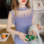 Suvised varrukateta silmkoelised pluusid Naiste vabaaja pitsidega &otilde;huke j&auml;&auml;siidist s&auml;rk naiste moekarkass, soliidne naiste topid, vest 25379 One Size sinine